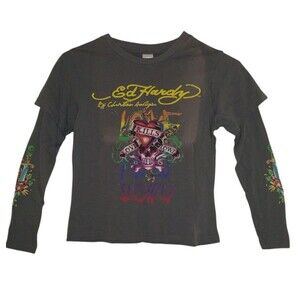 Ed Hardy Kids Shirt Boys Sz 8 Long Sleeve Tattoo Sleeves Faded/Distressed NWT